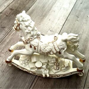 Elegant White and Gold Musical Christmas Rocking Horse Figurine